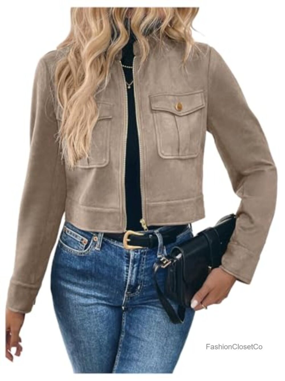 Faux Suede Zip Up Crop Jacket Mock Neck Cargo Pockets Moto Streetwear